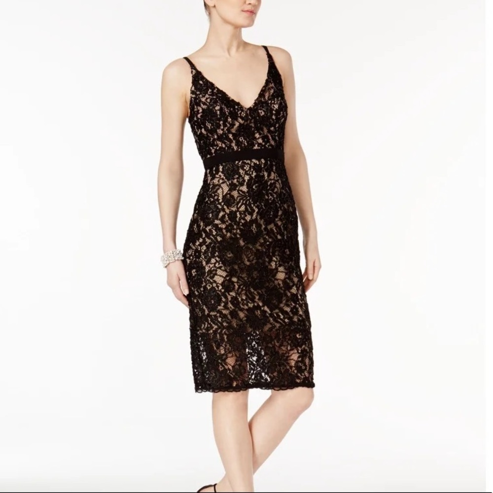 XSCAPE Black and Tan Laced Knee Length Dress 2
